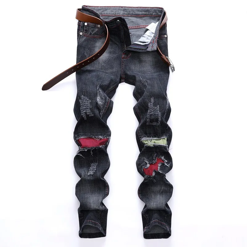 

Spring and Autumn Jeans Men's Ripped Hole Cut Patches Trendy Stretch Jeans Men's clothing Men trousers