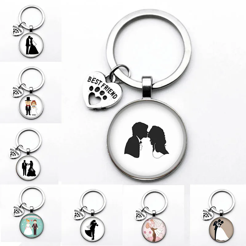 

Very Romantic Cartoon Bride And Groom Keychain Wedding Jewelry Gift Glass Cabochon Art Picture 25mm Handmade Keychain Metal Key