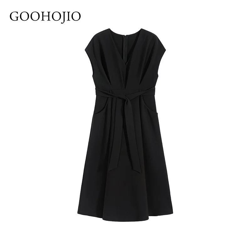 

GOOHOJIO 2021 New Spring and Autumn V-neck Fashion Dress Women Solid Color High Waist Dresses for Women Temperament Women Dress