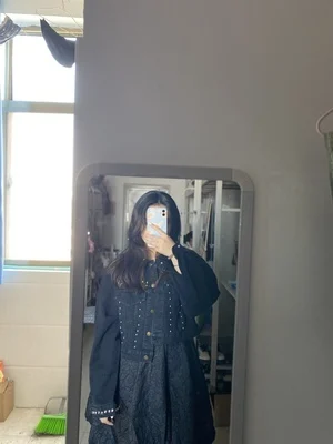

IEQJ Loose All-match Popular Beaded Black Denim Jacket Short High Waist Top New Lapel Women Coat Fashion Tide Spring Autumn 2021