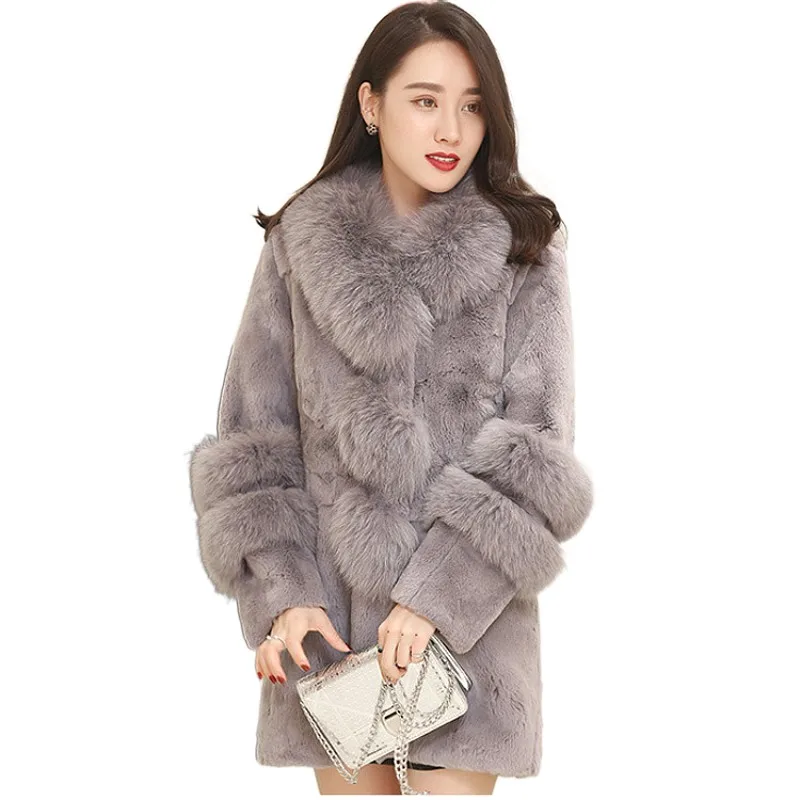 Пальто средней длины с имитацией лисы осеннее пальто меховым воротником из