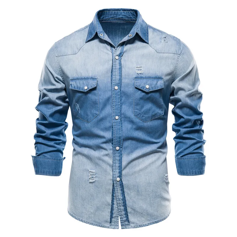 

Spring Hole Denim Shirts Men Casual Pocket Cotton Tooling Shirt Men High Quality Long Sleeve Contrast Shirt Mens Clothing Tops