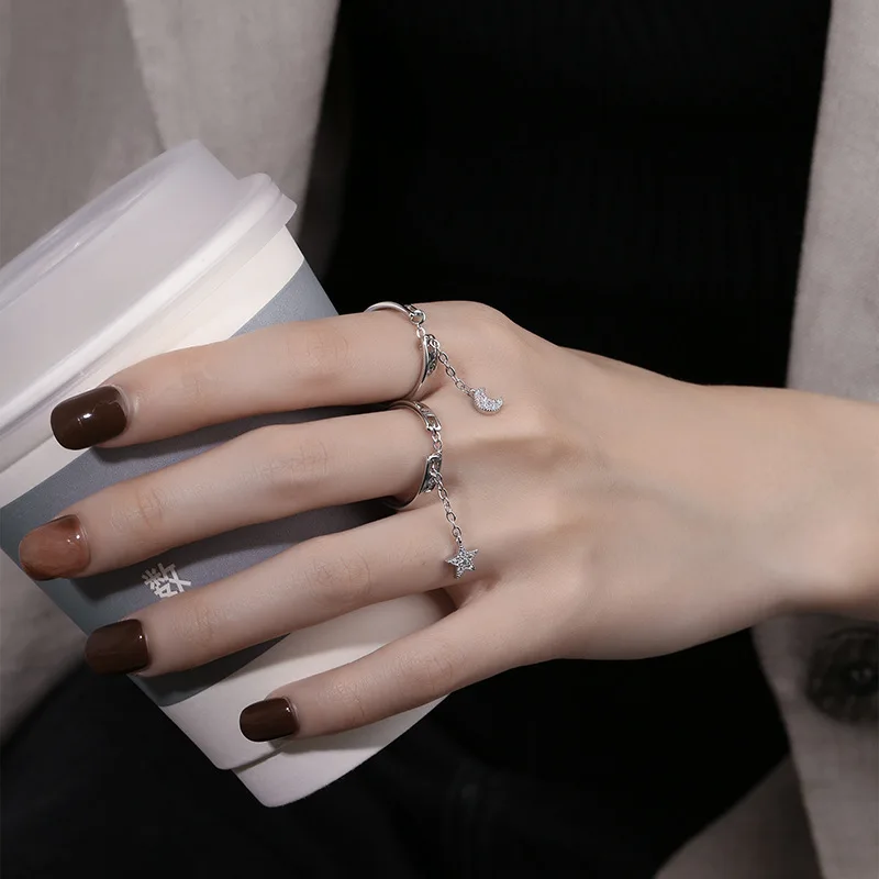 

Cute Moon Tassel Chain Open Rings Bohemia Vintage Fashion Jewelry Adjustable Tiny Star Ring Wedding Party Female Finger Decor