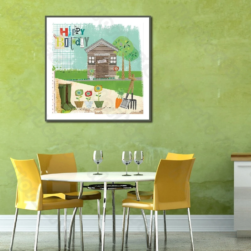 

European Style Canvas Painting Wall Poster Suburban Lifestyle Green Grassland Some Flowers Arable Tools for Home Rooms Decoratio