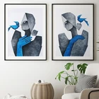 Абстрактная Картина на холсте с синей птицей, Женский плакат и печать, современные линии, Настенная картина для гостиной, домашний декор, без рамки