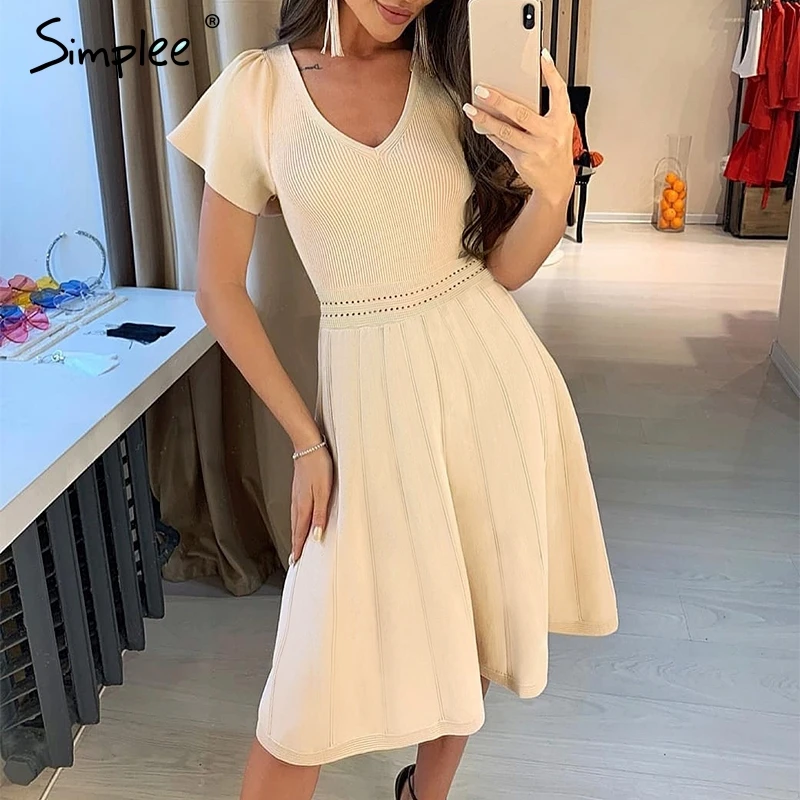 Simplee Элегантный женскoе трикотажная Vобраз женское плиссированные платье рукавом
