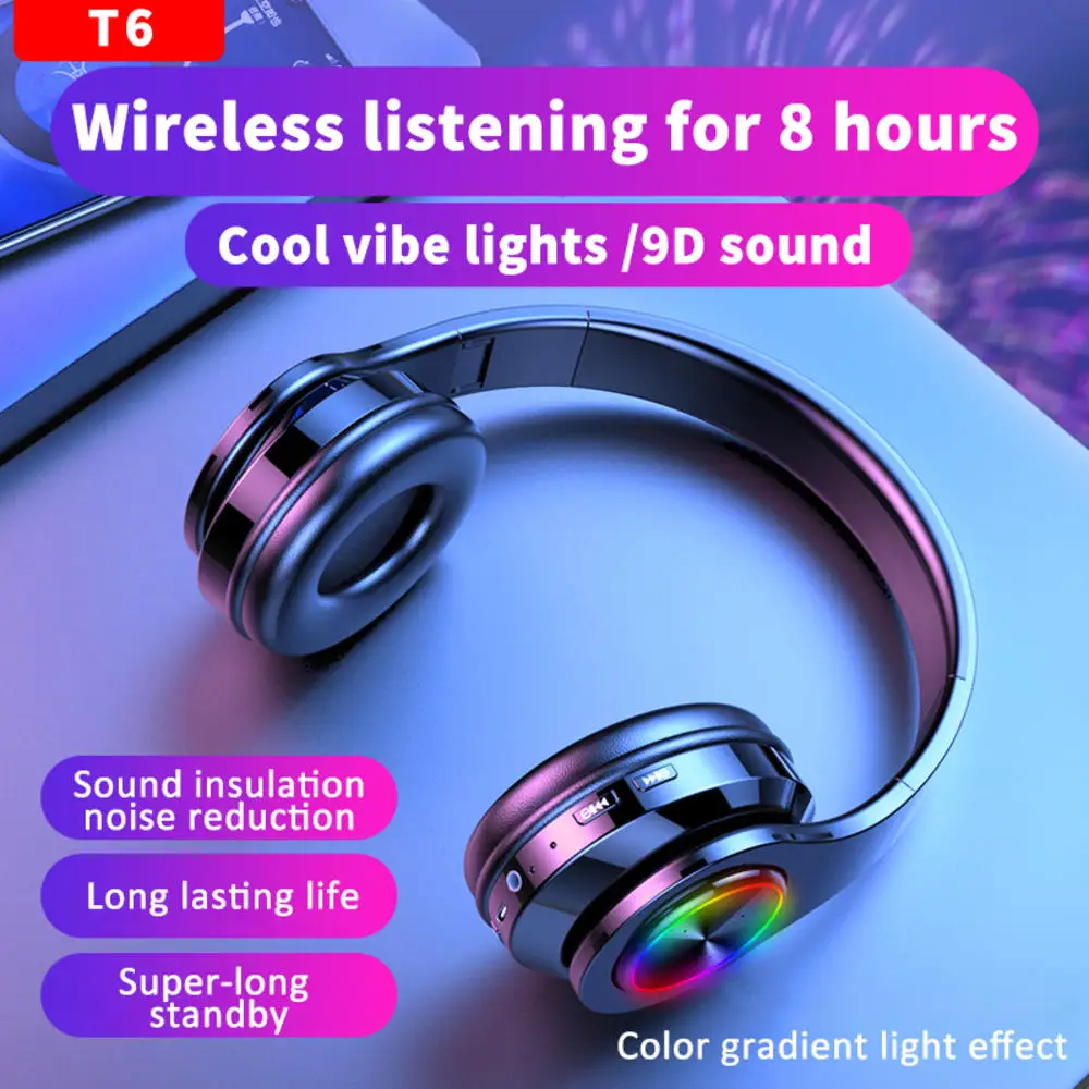 

7color Led Light 3.5mm Jack 5.0 Stereo Bluetooth Headphone Deep Active Noise Canceling T6 Wireless Headset For Ps4 /pc/laptop