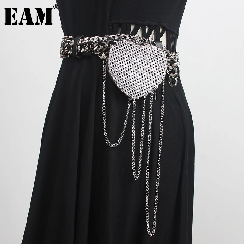 [EAM] Women New Silver Metal Chain Rhinestone Decoration Personality Long Belt Fashion All-match Spring Autumn 2023 1DD5105