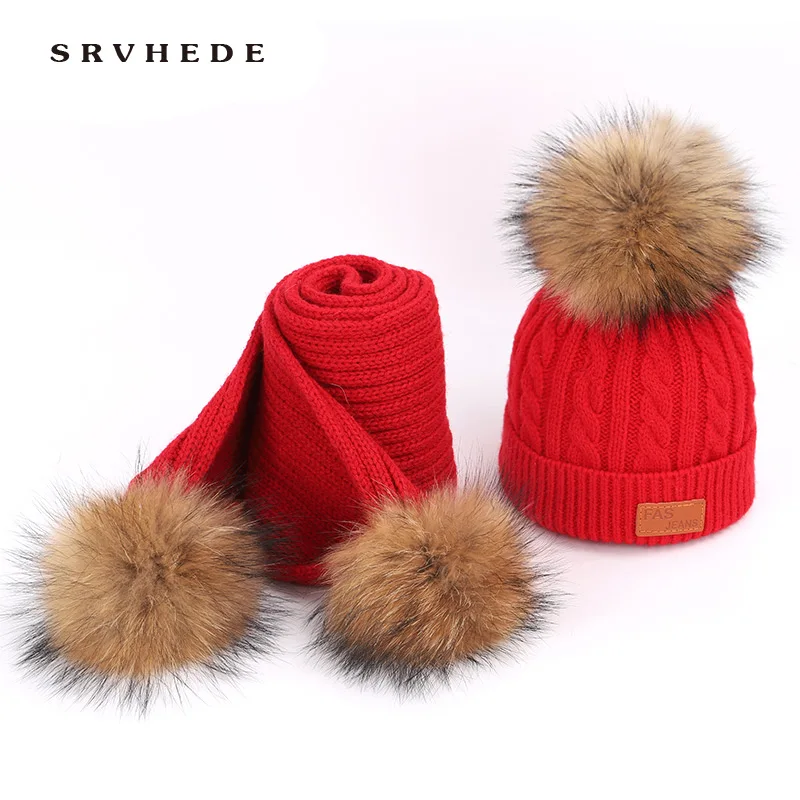 

Winter pompom fur Hat For Girls Cap Children's Knit Beanie Hat Scarf 2 Pieces Set Boy Girl Soft Cap Scarves Beanies Thicken hat