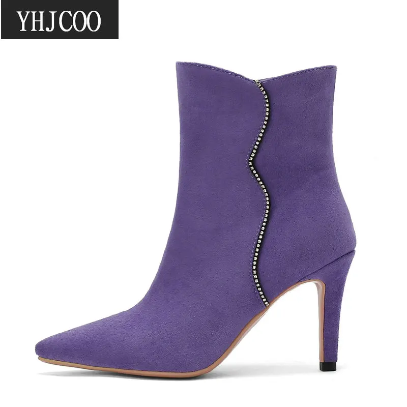 

2021 New Fashion Women Ankle Boots Elegant Purple Sexy Thin High Heels Pointed Toe Shoes Comfort Autumn Winter Boots Big Size 43