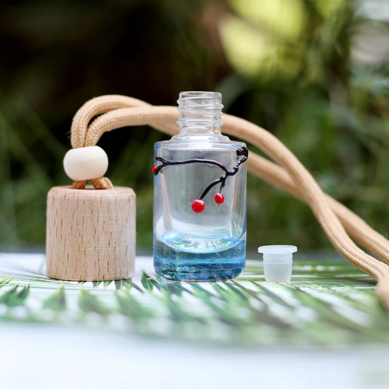 

6ML Hand-painted Small Cylindrical Perfume Glass Bottle New Variety of Wooden Cover Automotive Essential Oil Pendant 100PCS/LOT