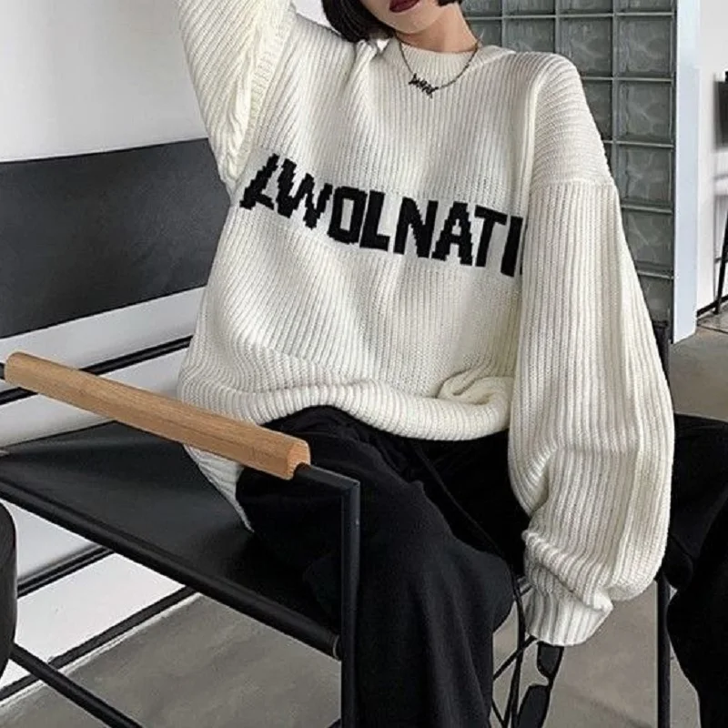 

Deeptown Korean Fashion Print Sweater Women Preppy Oversize Letter Jacquard Pullover Harajuku O-neck Long Sleeve Jumper Fall Top
