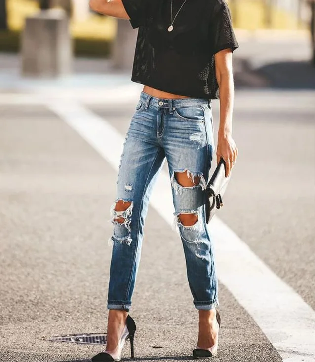 

European and American retro style high waist ripped jeans with small feet pants women