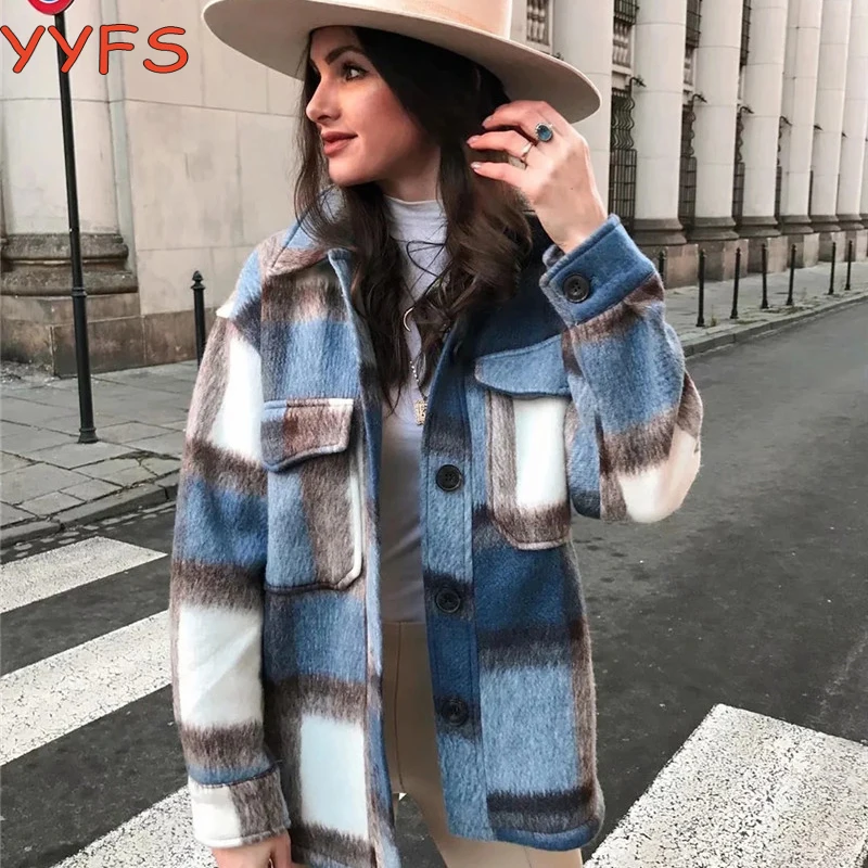 

Autumn Winter Plaid Jacket Wool Blend Coat Fashion button Long Sleeve Coat Casual Office Warm Overshirt Ladies Jackets Chic Tops