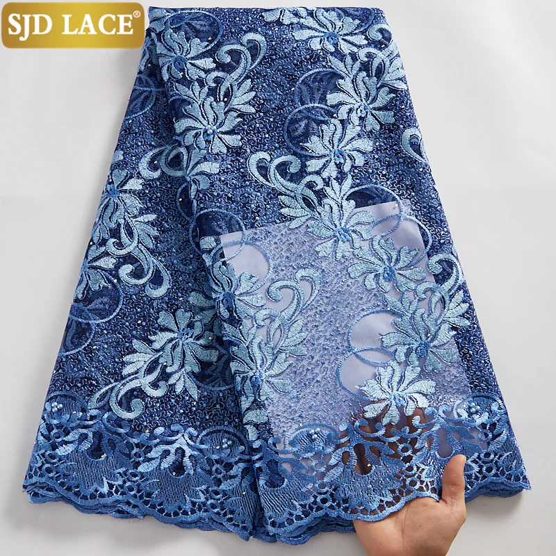 

Кружевная сетчатая ткань SJD A2507, Африканское кружево с бусинами, камнями, синяя французская сетчатая кружевная ткань с вышивкой для свадебно...