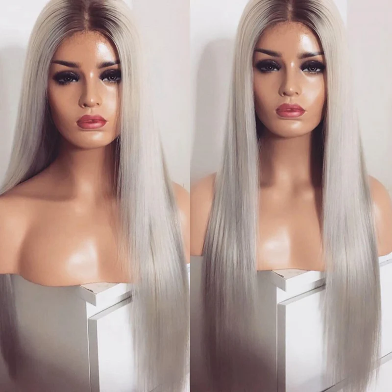 Grey Wig EEWIGS высокая температура желтый блонд синтетический парик Серый прямой кружевной передний парик с волосами младенца бесклеевой Омбре парики для женщин - Цвет: Grey Wig