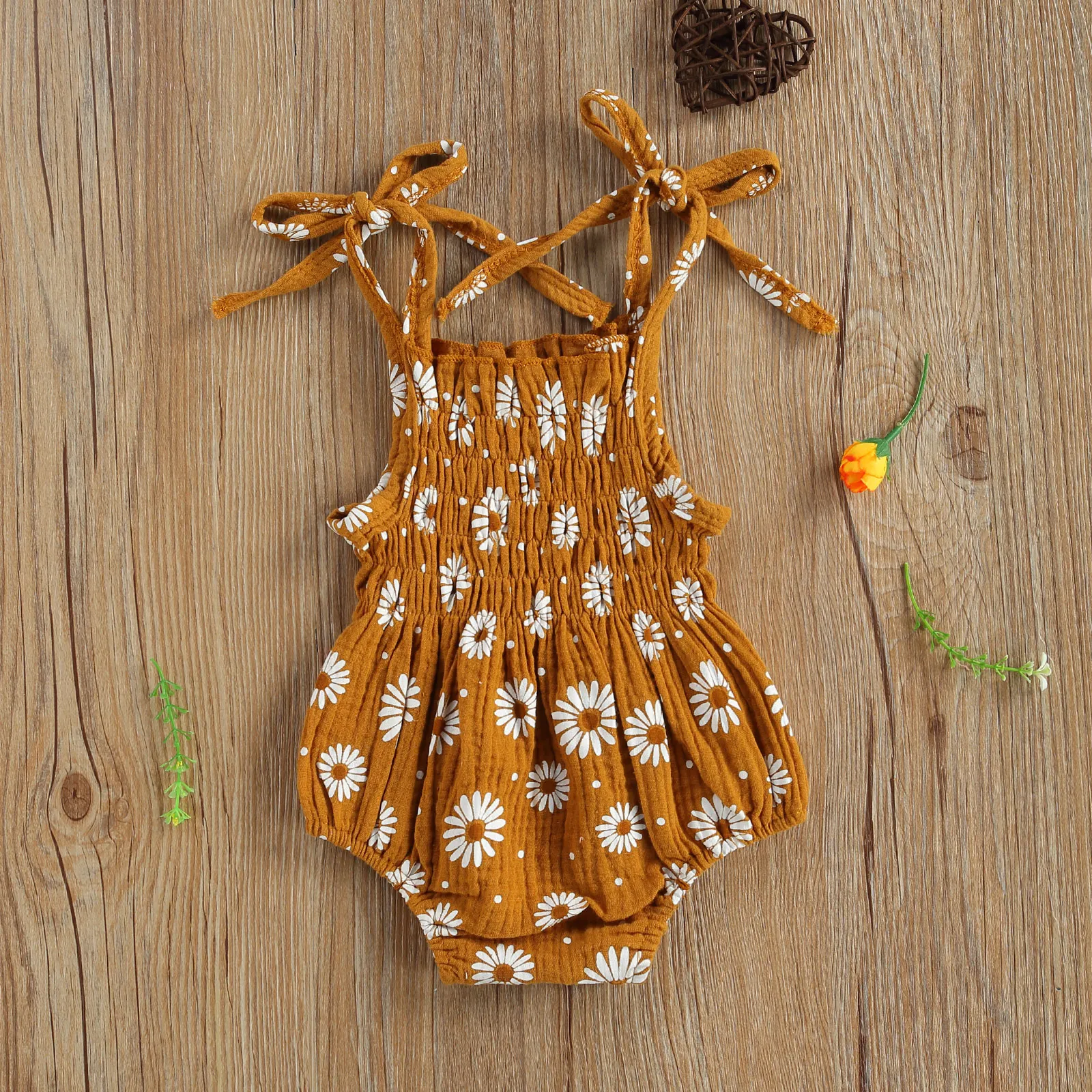 

Pudcoco 2021 Summer 0-12M Baby Girl Daisy Floral Print Pleating Bows Spaghetti Straps Sleeveless Bodysuit+Headband 2 Colors