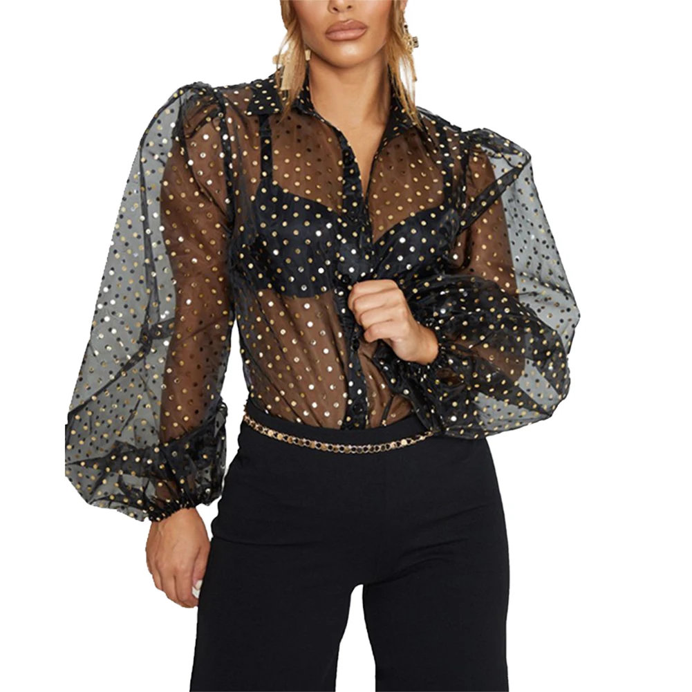 Модные женские сетчатые топы с оборками и пышными рукавами повседневные блузки в