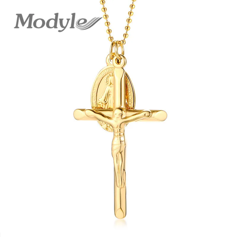 Цепочка с кулоном в виде креста и Девы Марии из нержавеющей стали 316L|Ожерелья