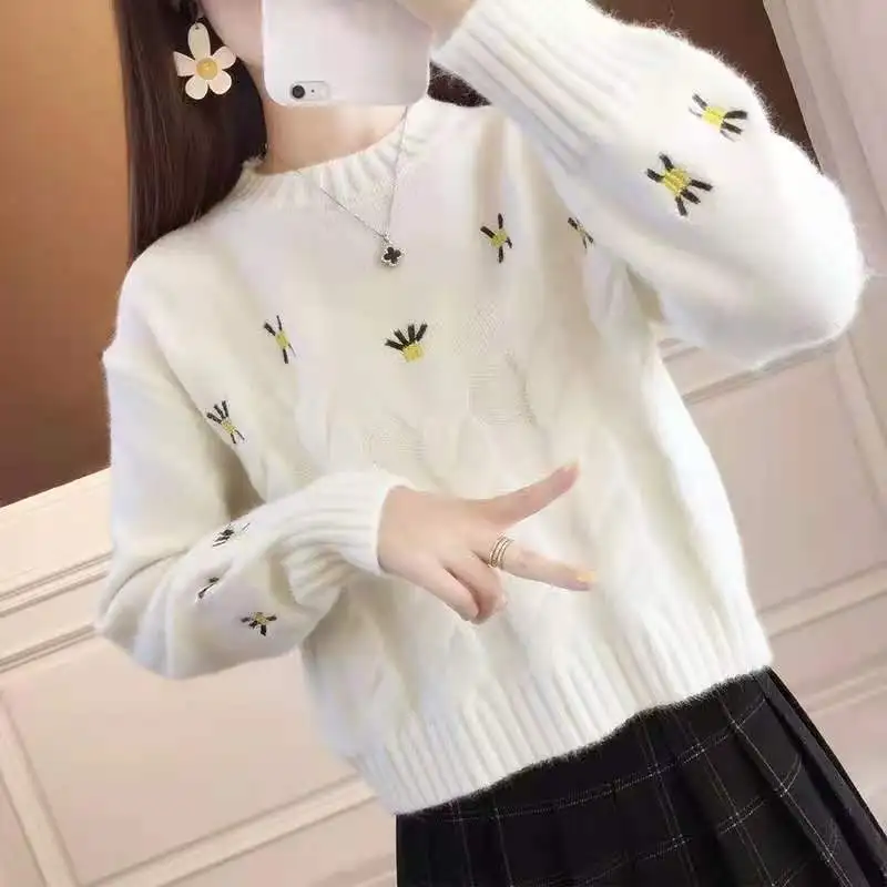 

2022 Autumn/winter New Korean Style Hedging Temperament Long-sleeved Round Neck Fashion Trend Ladies Knitted Print Top