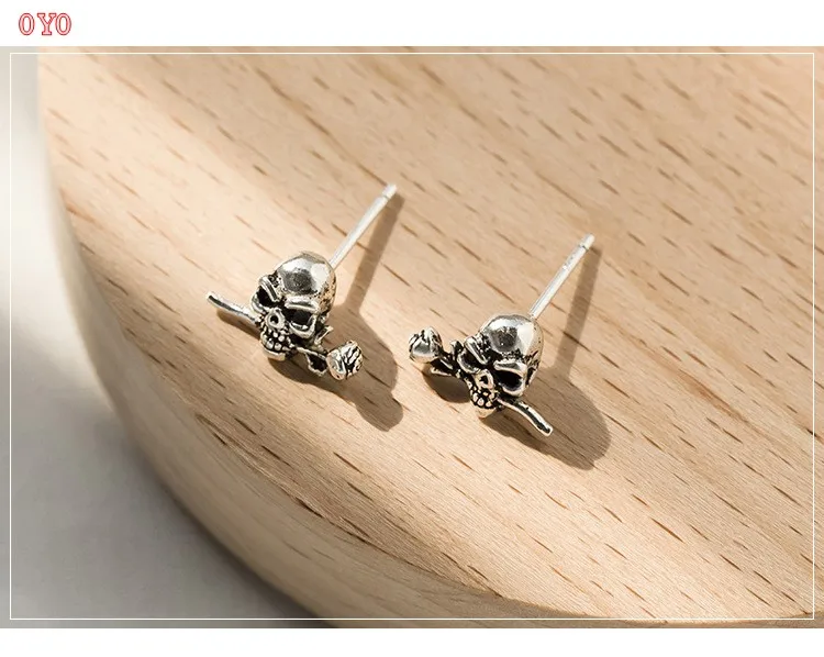 Skull rose earrings s925 full body sterling silver dark port style personality couple men and women earrings