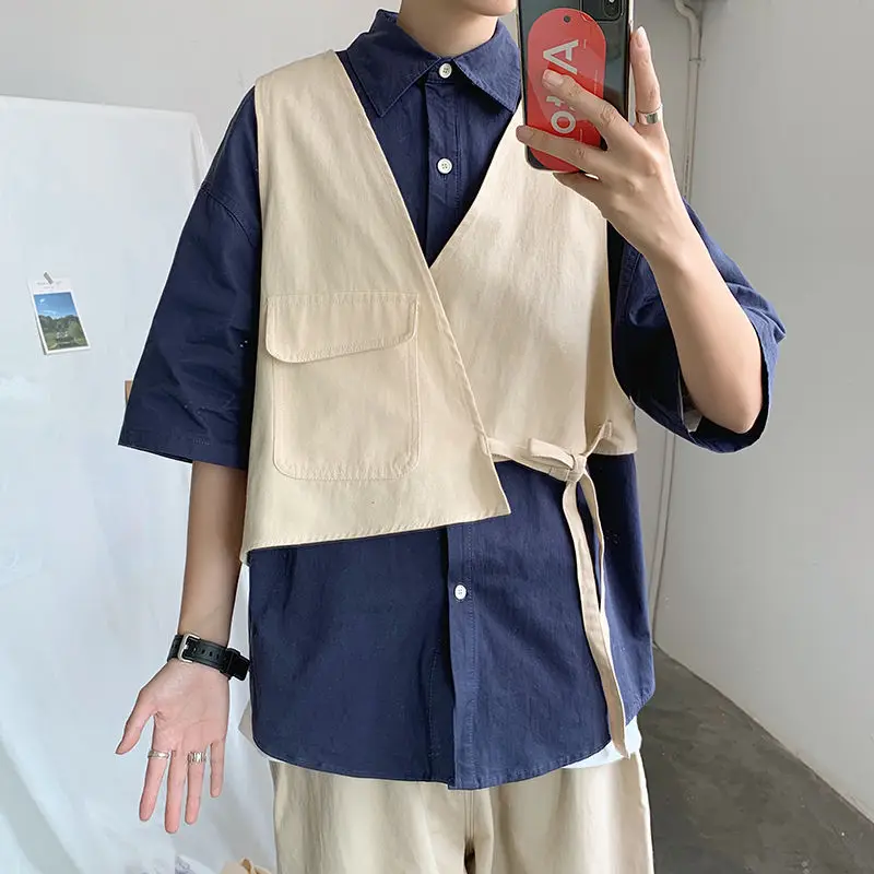 

Fake two-piece ins tooling short sleeve shirt men's trend Korean loose pocket contrast inch coat men's summer