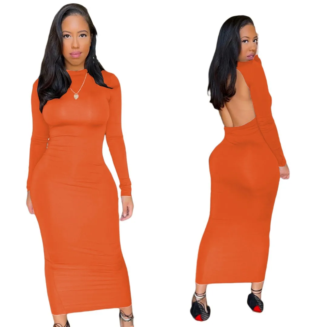 

Basic Backless Turtleneck Long Sleeve Slim Package Hips Midi Dress 2022 Spring Autumn Women Sexy Bodycon Party Dress Vestidos