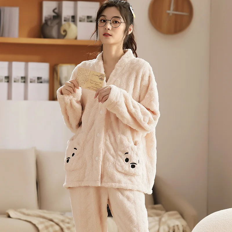 Pajamas Set Warm Female Coral Velvet Flannel Thickened Home Service Two Piece Suit Pijamas Women's 2021 New Autumn and Winter