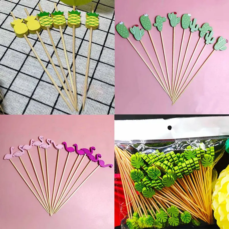 

100pcs/pack Bamboo Pick Flamingo Pineapple Cactus Leaves Cupcake Fruit Fork Dessert Salad Stick Cocktail Skewer for Party Decor