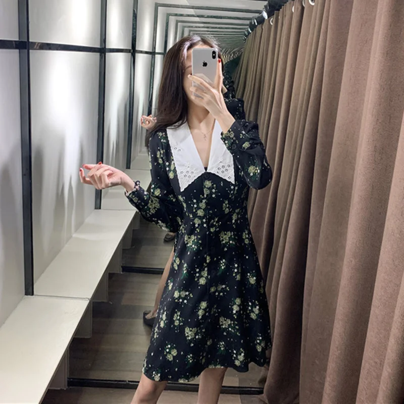 

Женское винтажное платье с цветочным принтом, новинка весны-лета 2021, женские платья до колена с длинным рукавом Питер Пэн