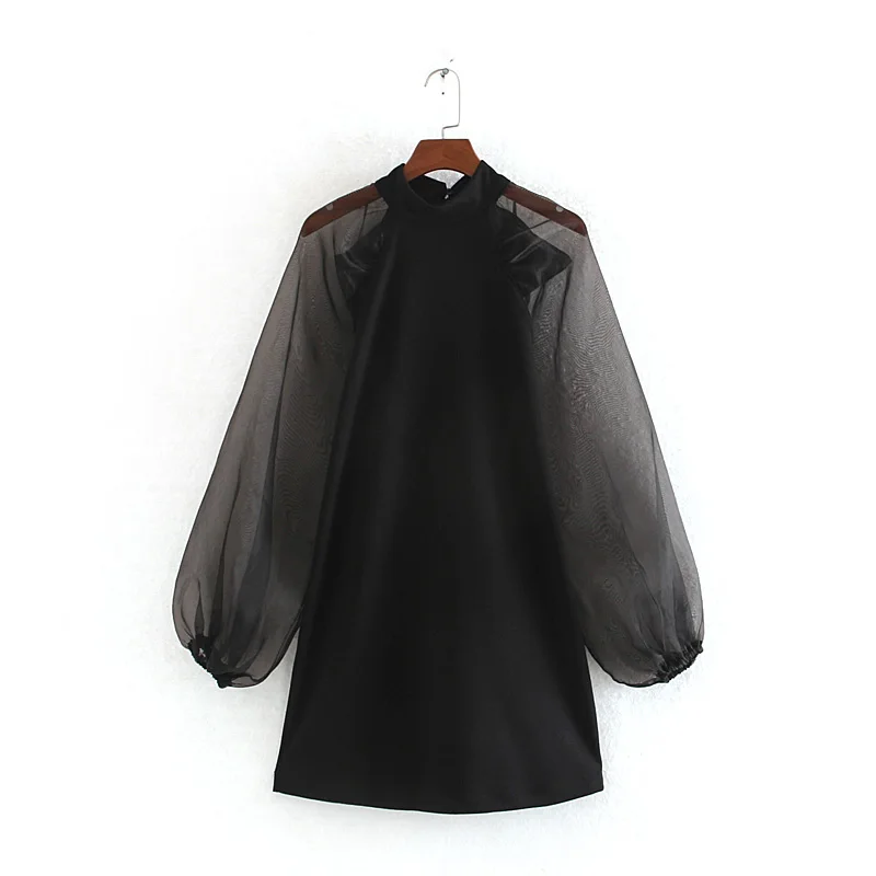 Винтажное женское черное платье с рукавом фонариком модное мини бантом осенне