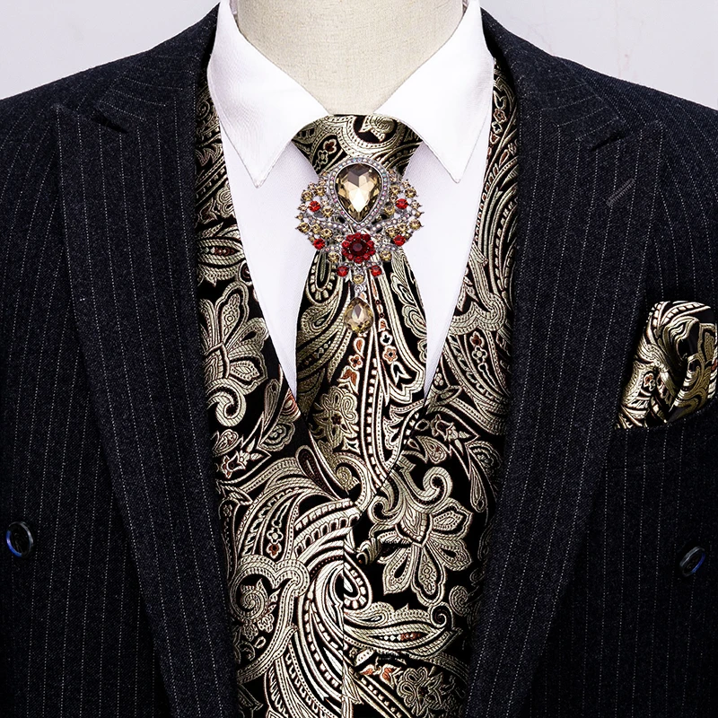 Barry.Wang – gilet de costume en soie pour hommes, tenue formelle, avec boutons de manchette, mouchoir, cravate, or  (0)