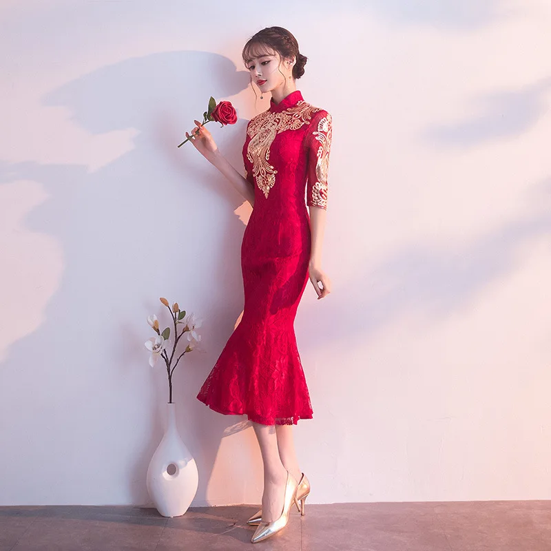 2020 Акция тост невеста новый маленький Cheongsam рыбий хвост тонкий Свадьба Помолвка