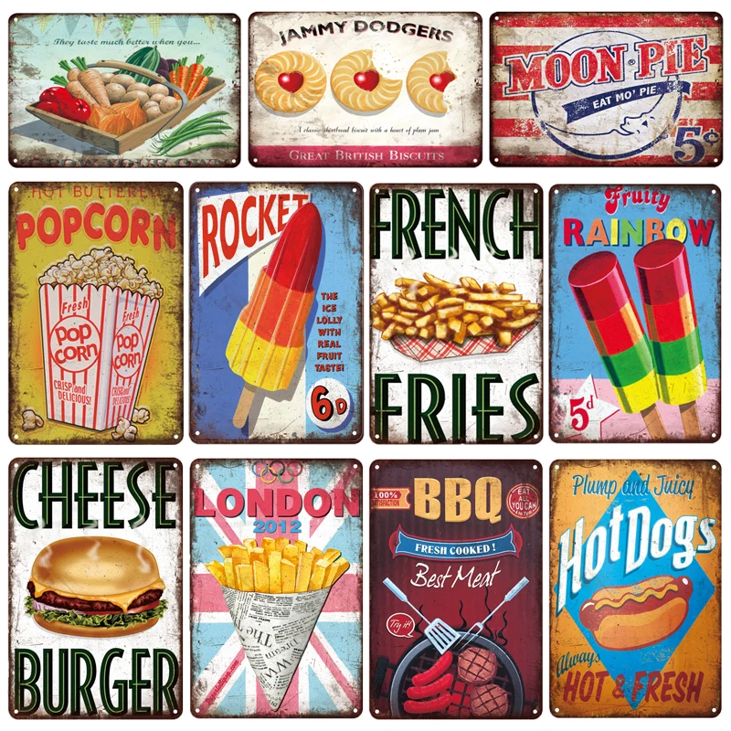 

POPCORN BBQ Burgers Hot Dogs Metal Wall Art Tin Sign Vintage Poster Cafe Kitchen Pub Restaurant Cafeteria Sweet Home Decor