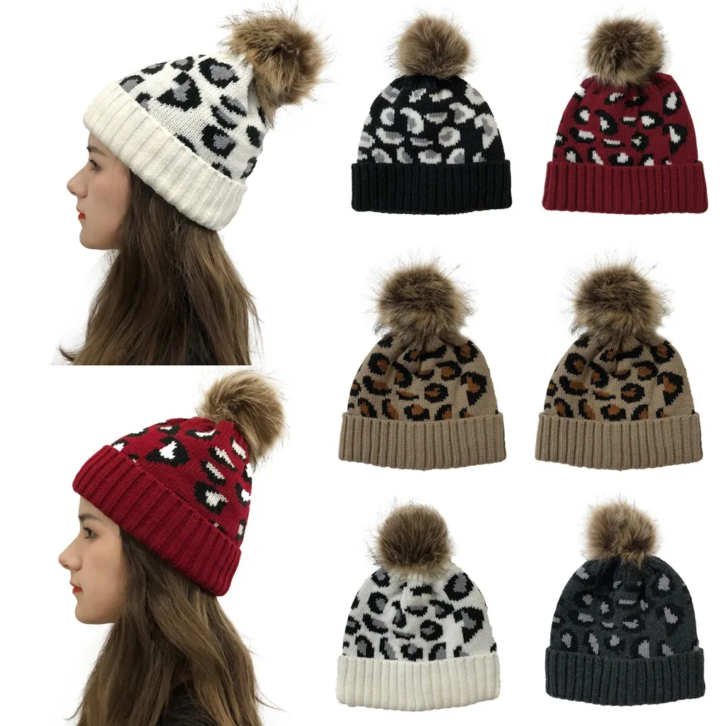 

Women Winter Warm Hat Women Casual Leopard Stitching Outdoor Plush Hats Crochet Knit Beanie Cap Fashion Daily Hat 2020