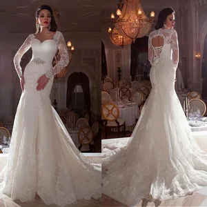 Luxury White Wedding Dresses Queen Anne Sweetheart Collar Mermaid Lace Appliques Long Sleeves Bridal Gowns With Beading Sash New