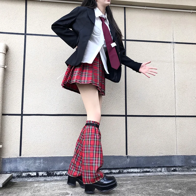 Japanese Harajuku Girls Y2K ремень Красный Клетчатый грелка для ног женские регулируемые