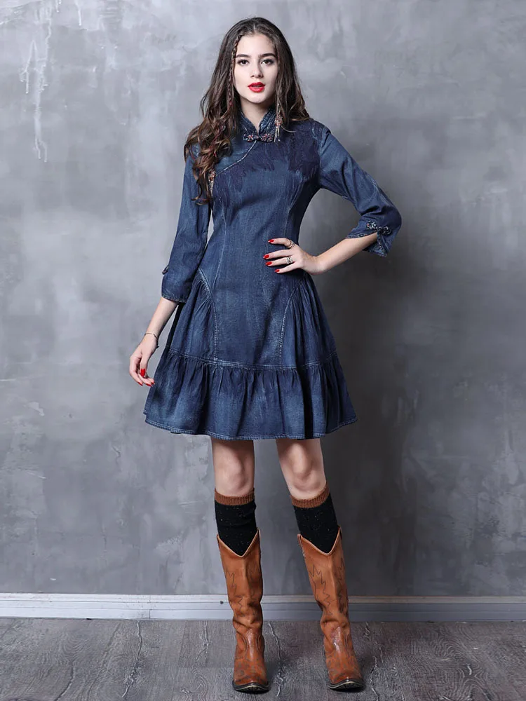 

Chinese Style Embroidery Denim Cheongsam Short Dress Women Vintage Stand Collar Lotus Ruffle Slim Fit Mini Dress Female Fashion