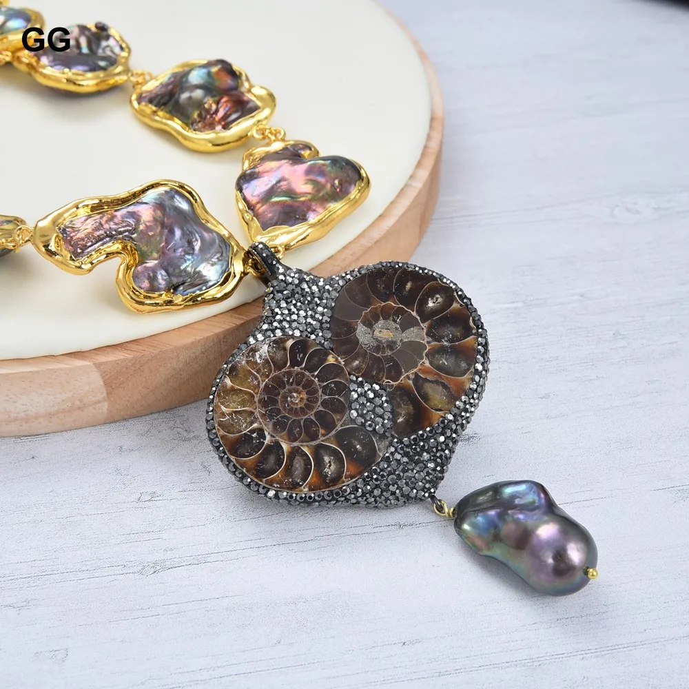 

GG Jewelry 19'' Freshwater Natural Black Baroque Keshi Pearl Conch Fossil Black Pearl Pendant Necklace CZ Paved