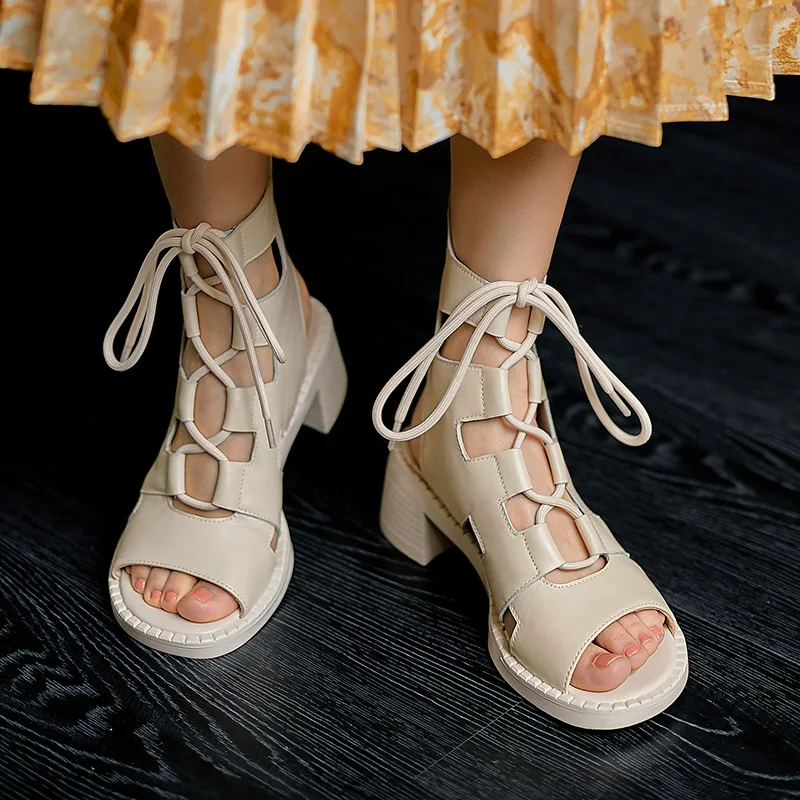 Murah Sandal Wanita Diikat Silang Sepatu Kulit Asli Ringkas Mode Pesta Musim Panas 2021 Pump Hak Tinggi Persegi Dasar