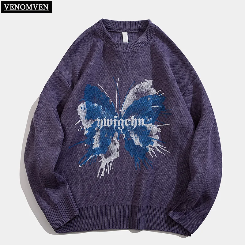 

Harajuku vintage graffiti butterfly print oversized knitted sweater men punk rock hip hop jumper pullover men grandpa ugly sweat