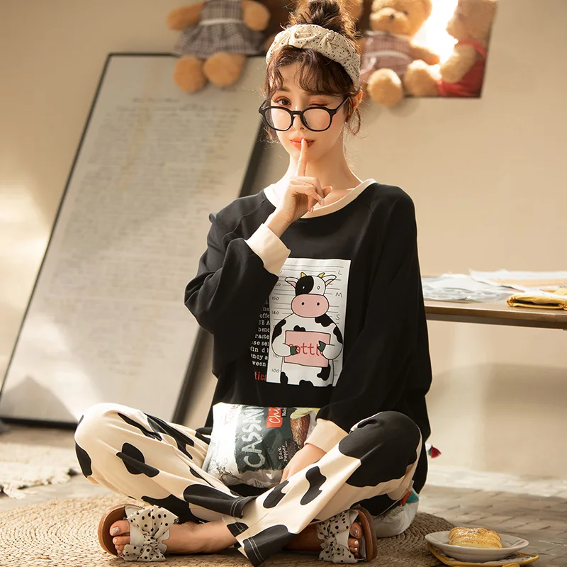 

Black Cow Pajamas Women's Spring and Autumn Long Sleeve Thin Cotton Two-Piece Suit Korean Style Student Casual Summer Home Wear