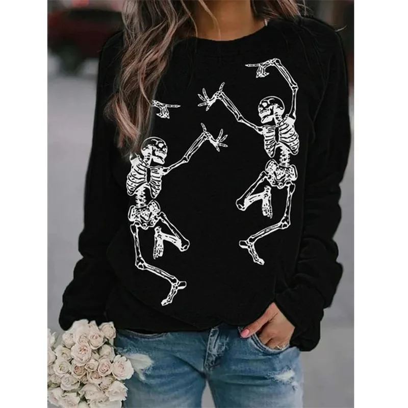 

Halloween Skull Print Vintage Long Sleeve Sweatshirt Streetwear Women Autumn New Oversized Crewneck Sweatshirt England Style BF