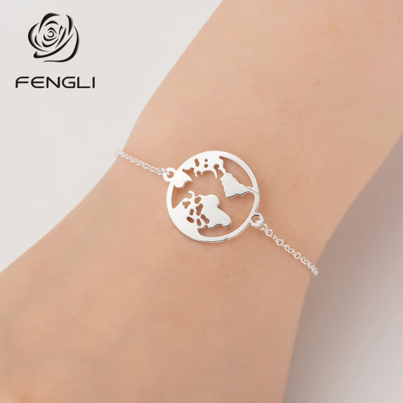 FENGLI полые круглые браслеты для женщин из нержавеющей стали карта земли