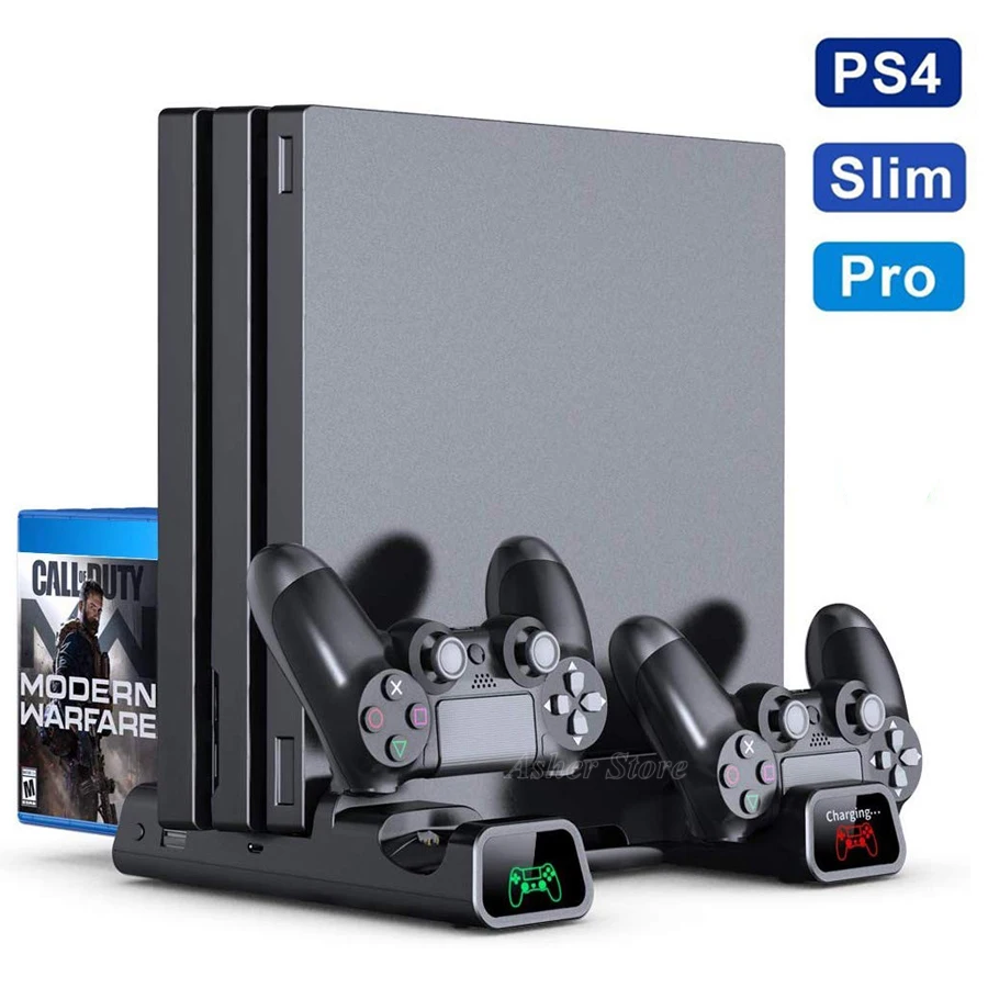 

Док-станция для зарядки контроллеров PS4/ PS4 Pro/ PS4 Slim, вертикальная подставка, 2 охлаждающих накопителя для игр Sony Playstation 4