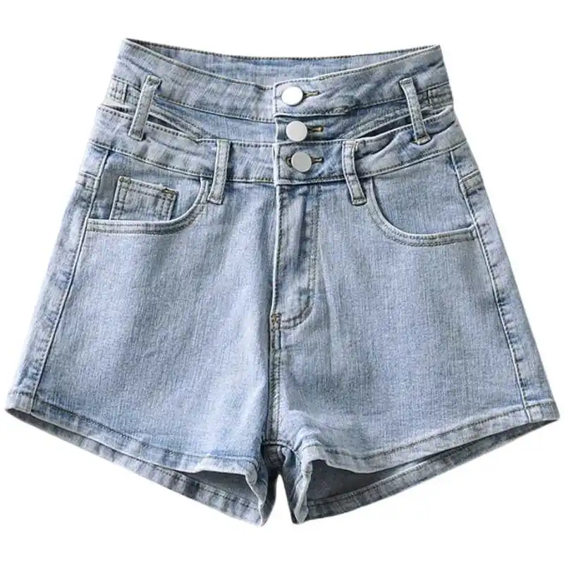 

IEQJ 2021 new high waist elastic single breasted light blue soft summer denim shorts female hots sexy slim WR10205l