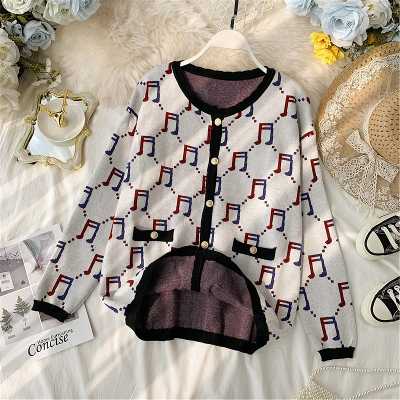 

2019 New spring autumn Female Casual Knitted Contrast coat Loose Long sleeve large size Fashion Printed coat Femme Tops cc1394