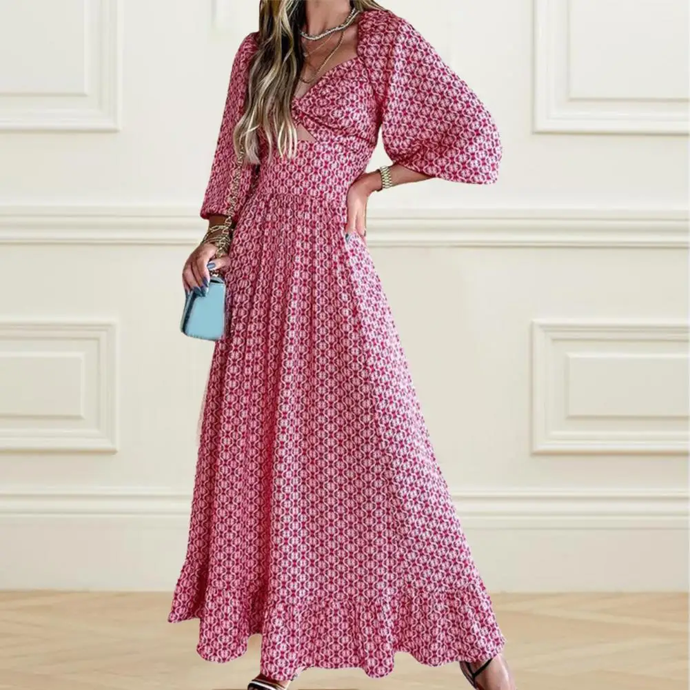 

3/4 Sleeve Ladies Wide Hem Ethnic Printing Dress Ethnic Printing Wide Hem Hollow Out Lantern Sleeve Red Dress for Party