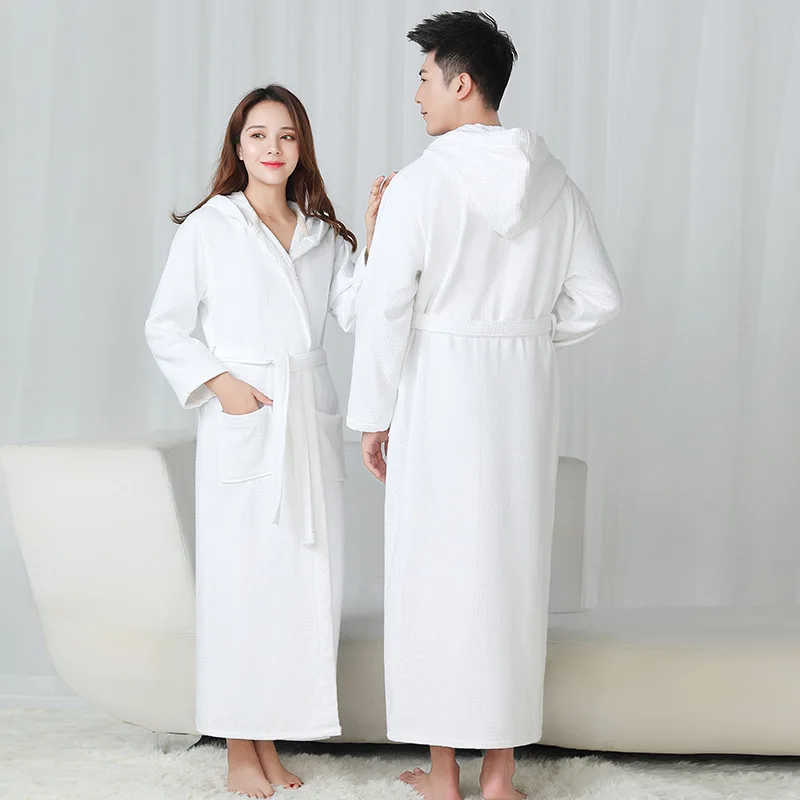 

Solid Men Women Hooded Bathrobe Couple Waffle Warm 100% Cotton Lovers Hotel Robe Soft Sleeprobe Male&Female Casual Homewear