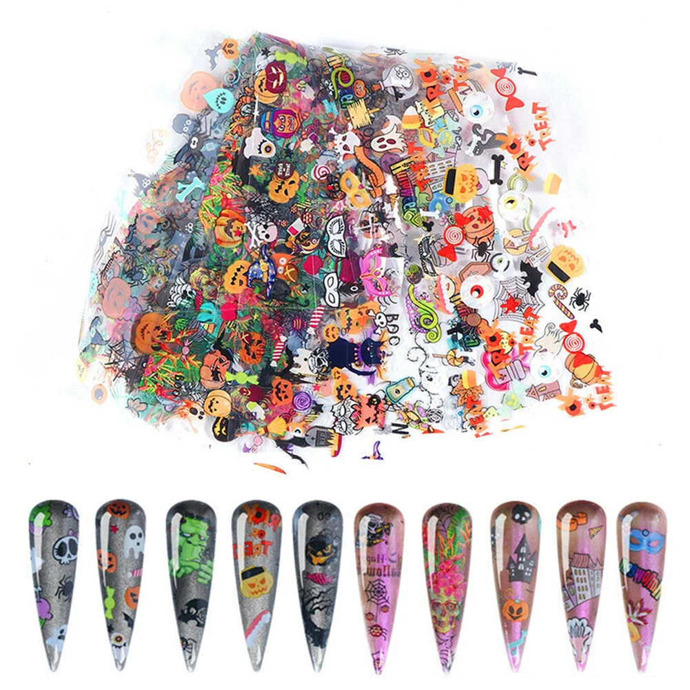 10 Pcs/pack DIY Halloween Nail Art Stickers Accessories Fashion Glitter Star Home Tool Decorations Pumpkin Skull Foils Transfer | Красота и